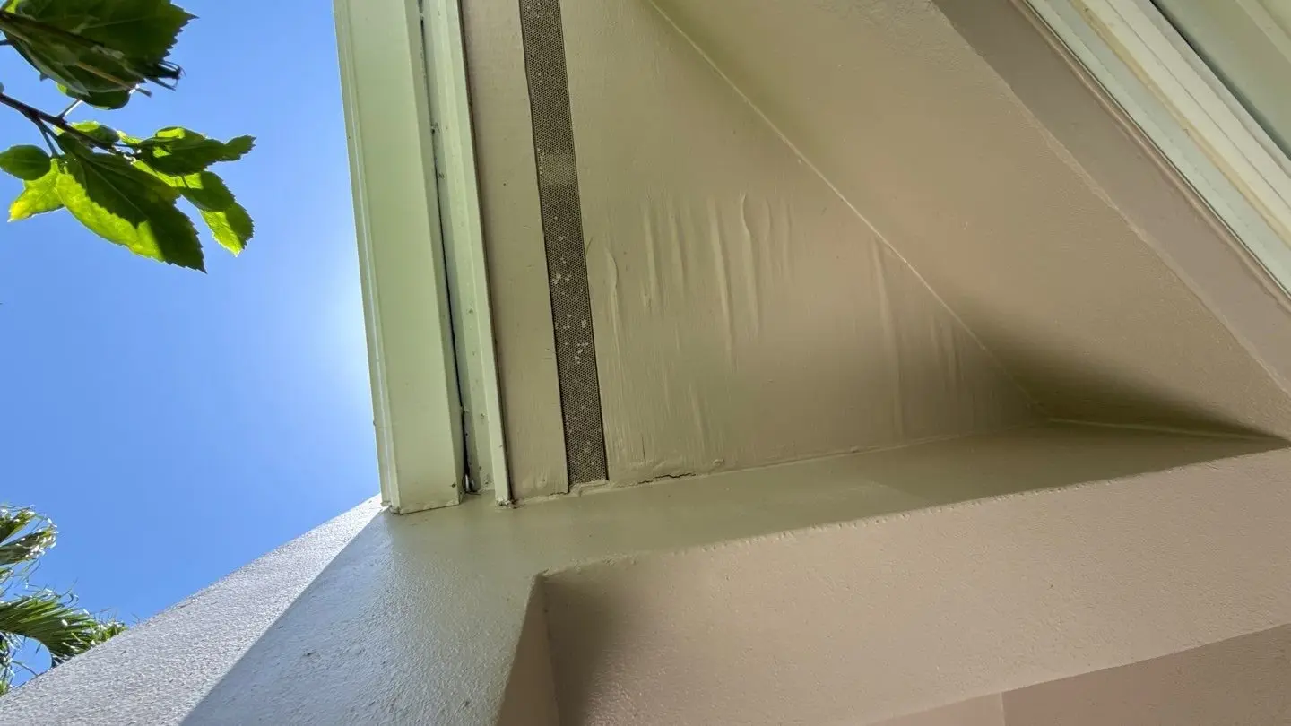 Water staining on a soffit below a leaking tile roof return in Palm Beach Gardens